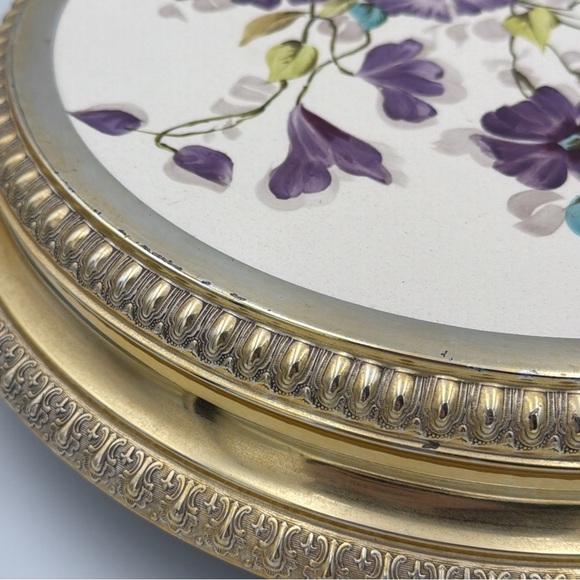 Vintage Brass Plated Footed Trivet Cherub Angel Feet Floral Tile Hot Plate - Picture 5 of 13